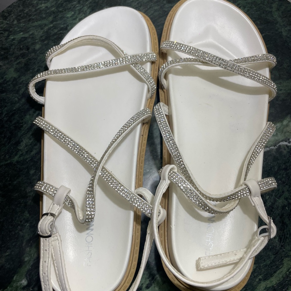 Fashion Nova White Rhinestone Flats